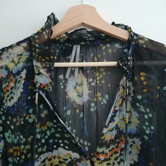 By Anthropologie Peasant Blouse Button Up Semi Sheer Pleated Top Neck Tassels XS - Picture 8 of 16